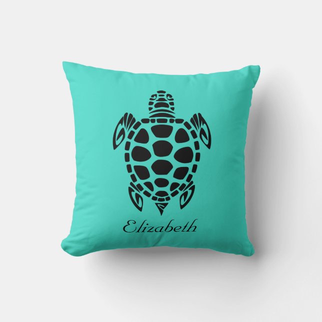 Custom Tribal Sea Turtle Turquoise Throw Pillow (Front)