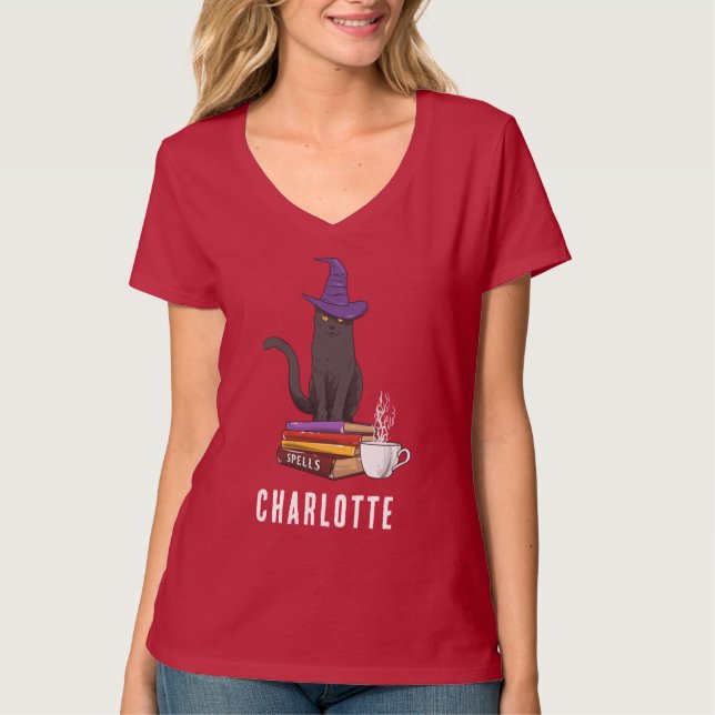 Custom Trick or Treat Black Cat Witch Halloween T-Shirt (Front)