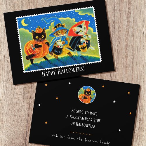 Custom Trick or Treat Halloween Cats Witch Flat Card