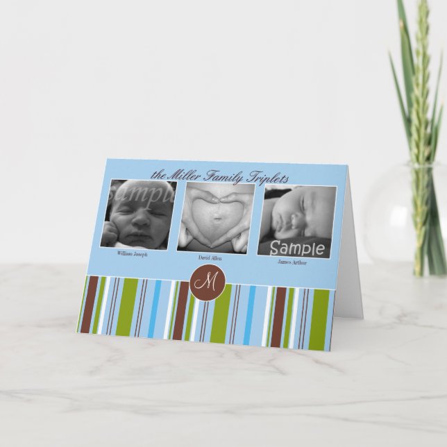 Custom Triplet Birth Announcement - Blue (Front)