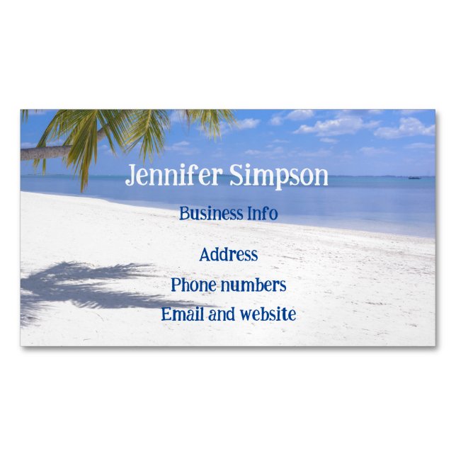 Custom Tropical Beach Ocean Palm Trees Business Card Magnet (Front)