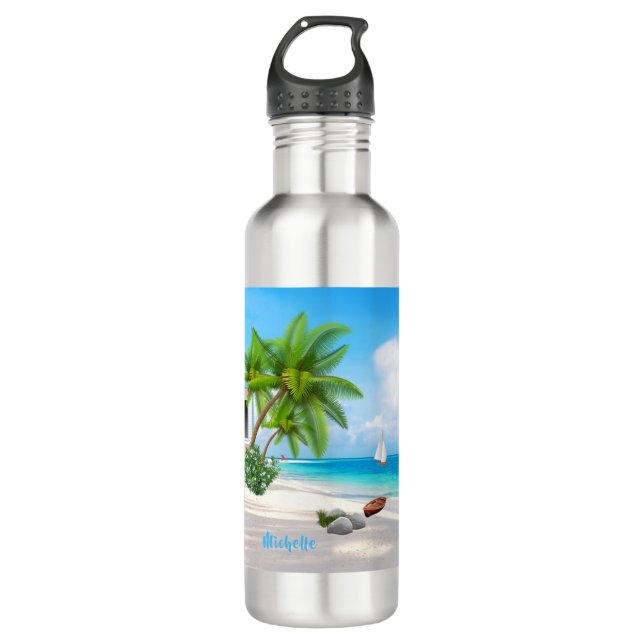 Custom Tropical Beach Stainless Steel Water Bottle (Front)