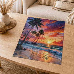 Custom Tropical Beach Sunset   Coastal Art Jigsaw Puzzle