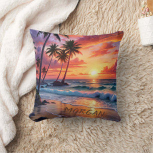 Custom Tropical Beach Sunset   Coastal Art Throw Pillow