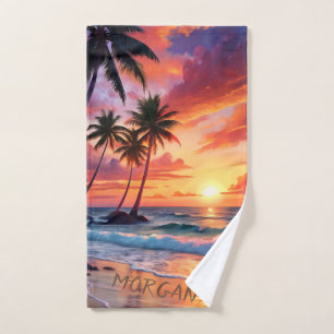 Custom Tropical Beach Sunset   Coastal Sport Hand Towel