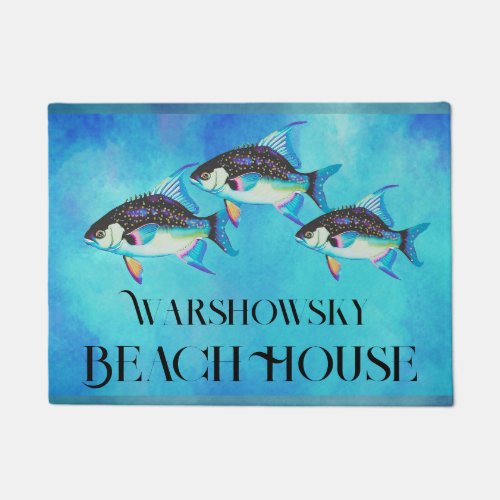 Custom Tropical Fish Watercolor Coastal Aqua Blue Doormat