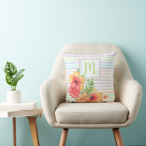 Custom Tropical Floral Watercolor Stripes Pattern Throw Pillow