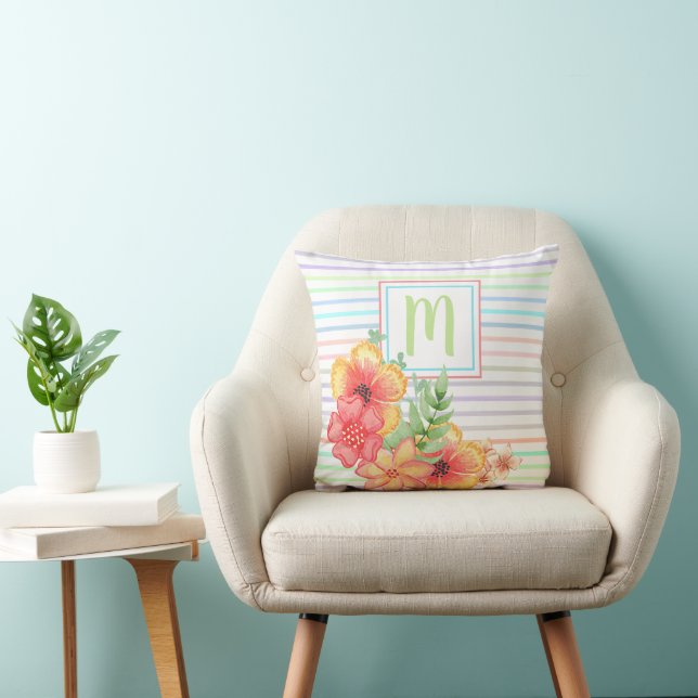 Custom Tropical Floral Watercolor Stripes Pattern Throw Pillow (Chair)