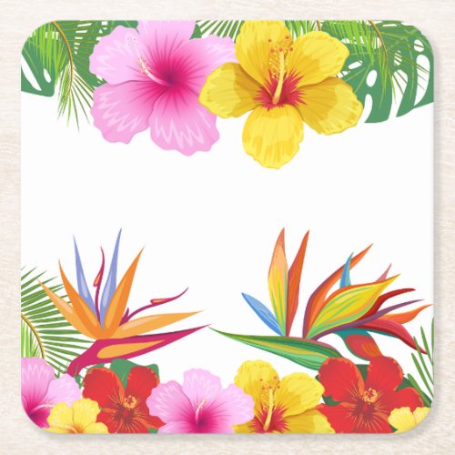 Custom Tropical Flowers Hibiscus Party Square Paper Coaster