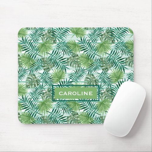 Custom Tropical Green Leaves Watercolor Pattern Mouse Pad