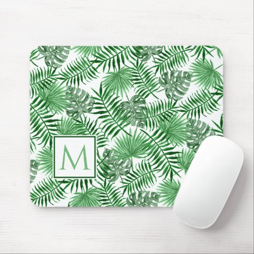 Custom Tropical Green Leaves Watercolor Pattern Mouse Pad