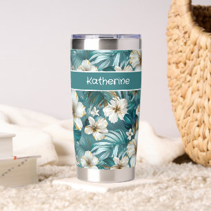 Custom Tropical Hibiscus Floral Teal Insulated Tumbler
