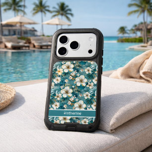Custom Tropical Hibiscus Floral Teal iPhone 17 Pro Case