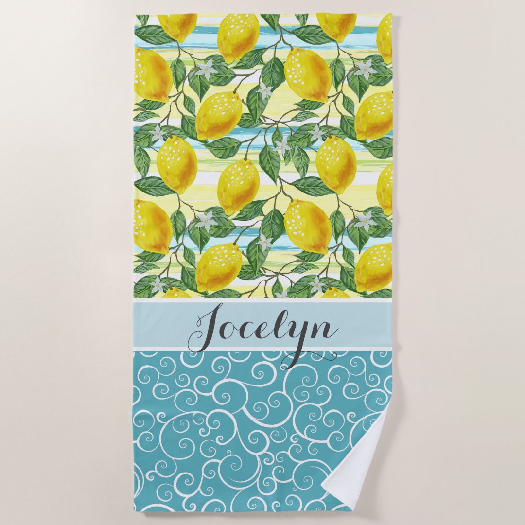 Custom Tropical Hip Summer Lemons Fruit Pattern Beach Towel Zazzle 