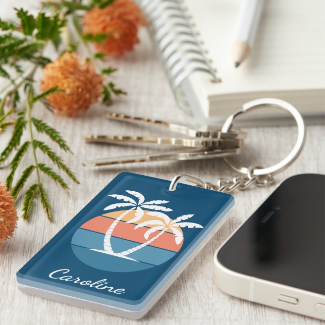 Custom Tropical Island Beach Ocean Sunset Art Keychain (Front Right)
