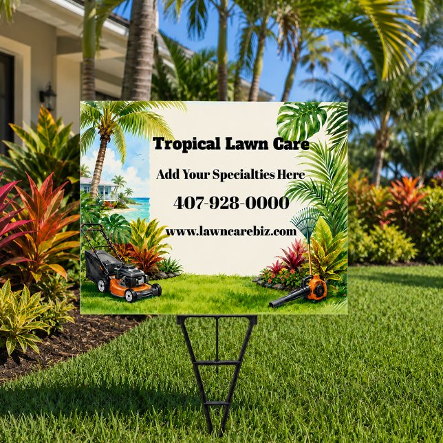 Custom Tropical Lawn Care Landscaping Sign (tropical lawn care specialists custom promo sign displayed in well manicured Florida yard)