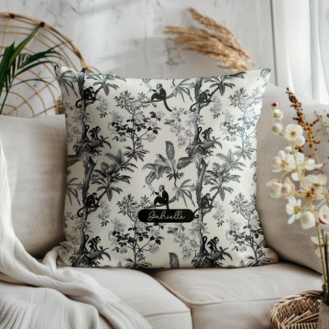 Custom Tropical Monkeys Toile De Jouy Throw Pillow ( Bold, stylish, and utterly unique—this is where old-world charm meets cool! )