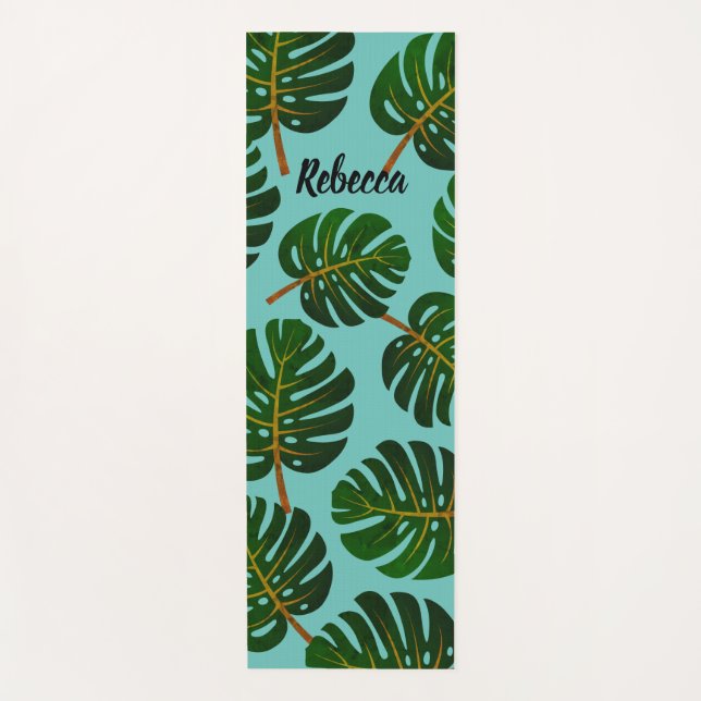 Custom tropical Monstera leaf floral yoga mat  (Front)