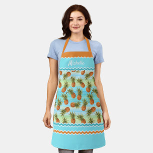 Custom Tropical Orange Pineapple Turquoise Stripes Apron