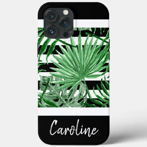 Custom Tropical Palm Leafs Black White Stripes iPhone 13 Pro Max Case