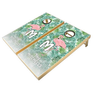 Custom Tropical Palm Leaves Flamingoes Watercolor Cornhole Set