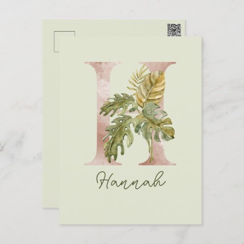 Custom Tropical Palm Leaves Letter H Monogram Postcard