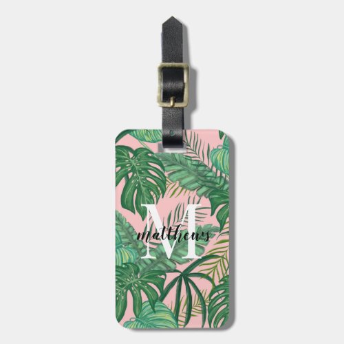 Custom Tropical Palm Leaves Pink Monogram Name   Luggage Tag