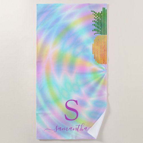 Custom Tropical Pineapple Pastel Holographic Neon Beach Towel