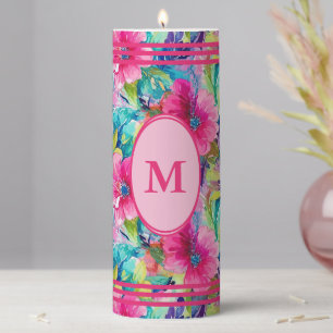Custom Tropical Pink Floral Design Pillar Candle