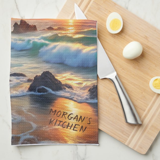 Custom Tropical Sunset Cliffs – Vibrant Coastal  Kitchen Towel (Quarter Fold)