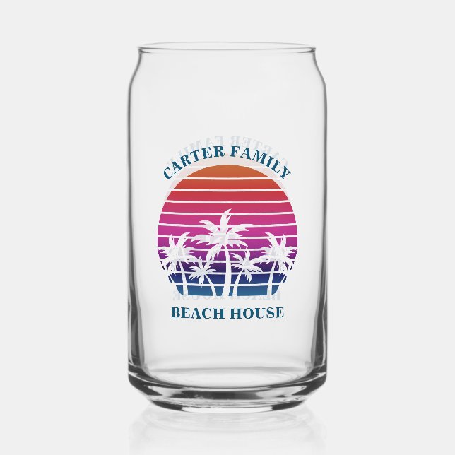 Custom Tropical Sunset Palm Tree Beach House Can Glass (Front)