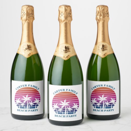 Custom Tropical Sunset Pink Palm Tree Beach Party Sparkling Wine Label