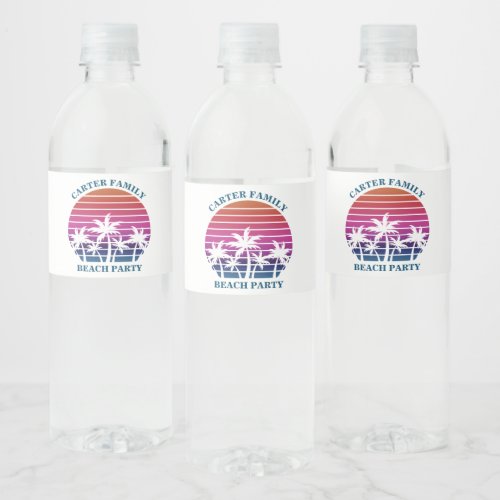 Custom Tropical Sunset Pink Palm Tree Beach Party Water Bottle Label