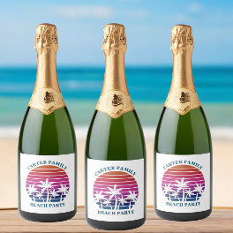 Custom Tropical Sunset Pink Palm Trees Beach Party Sparkling Wine Label