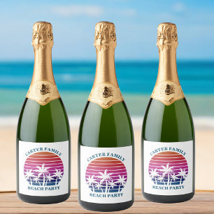 Custom Tropical Sunset Pink Palm Trees Beach Party Sparkling Wine Label
