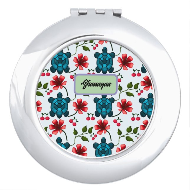 Custom Tropical Turtle Cherry Floral Pattern  Compact Mirror (Front)