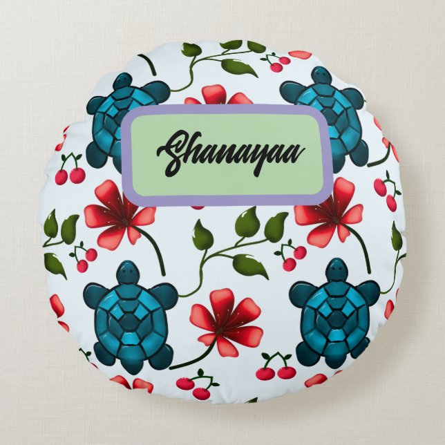 Custom Tropical Turtle Cherry Floral Pattern  Round Pillow (Front)