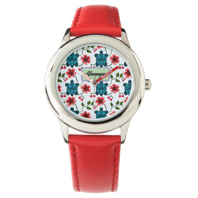 Custom Tropical Turtle Cherry Floral Pattern  Watch (Front)