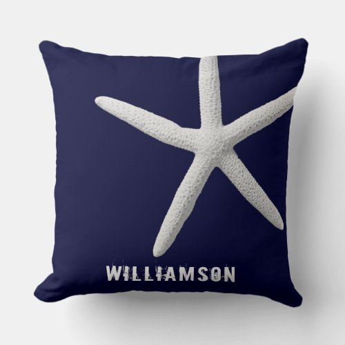 Custom Tropical White Starfish on Navy Blue Beach  Throw Pillow