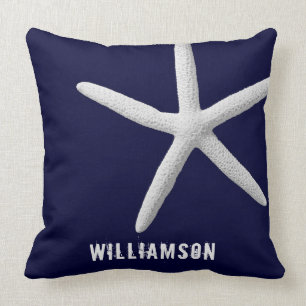 Custom Tropical White Starfish on Navy Blue Beach Throw Pillow