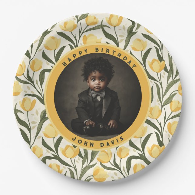 Custom Tulip Flower Boho Birthday Paper Plates (Front)