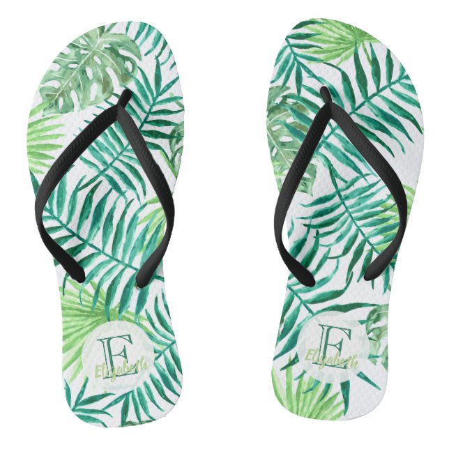 Custom, turquoise and green tropical palm leaves: flip flops (Footbed)