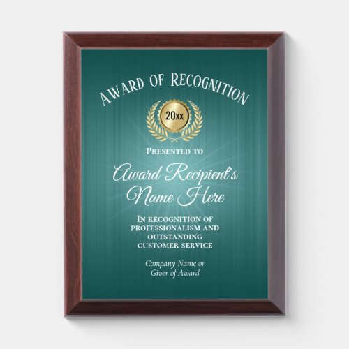 Custom Turquoise Blue Award of Recognition