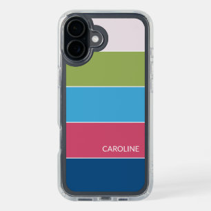Custom Turquoise Blue Lime Green Pink Stripes iPhone 16 Plus Case