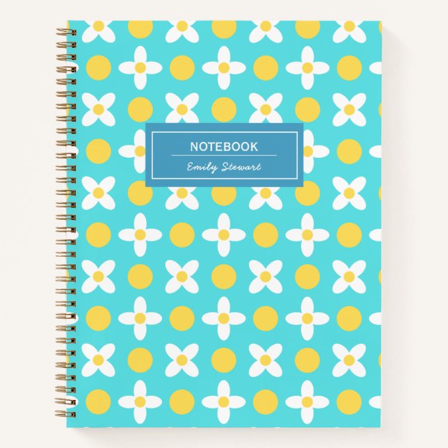 Custom Turquoise Blue Retro Floral Pattern  Notebook (Front)