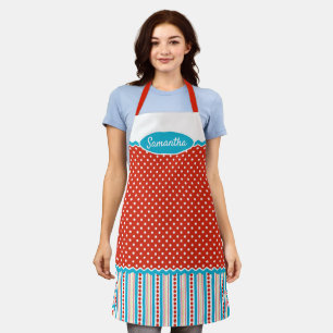 Custom Turquoise Blue Stripes Red White Polkadots Apron