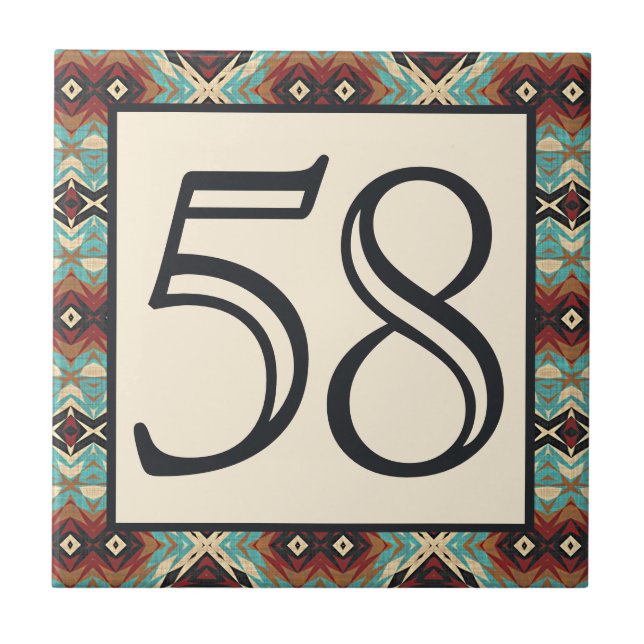 Custom Turquoise Blue Terracotta Red House Number Ceramic Tile (Front)