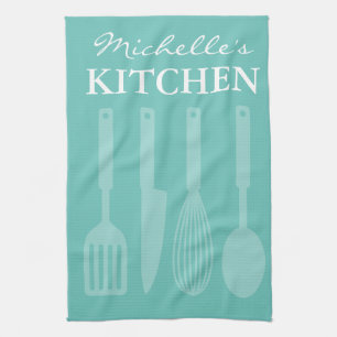 Custom turquoise cooking utensils kitchen towels