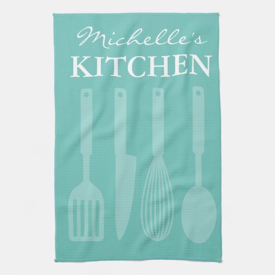 Custom turquoise cooking utensils kitchen towels