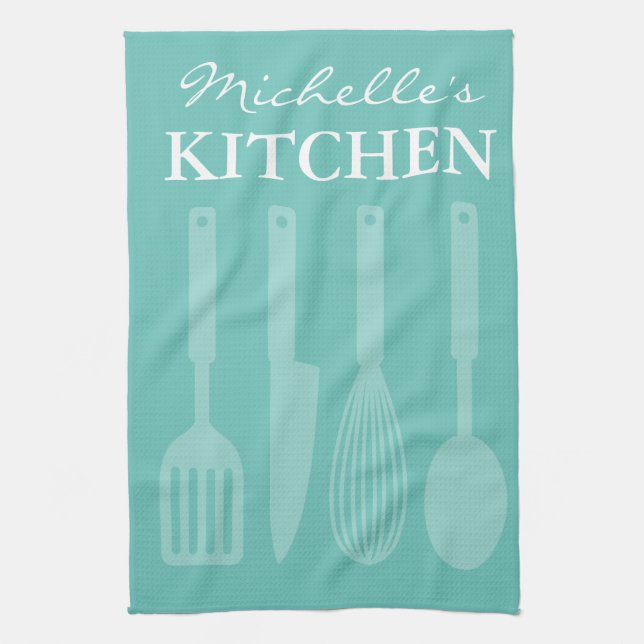 Custom turquoise cooking utensils kitchen towels (Vertical)